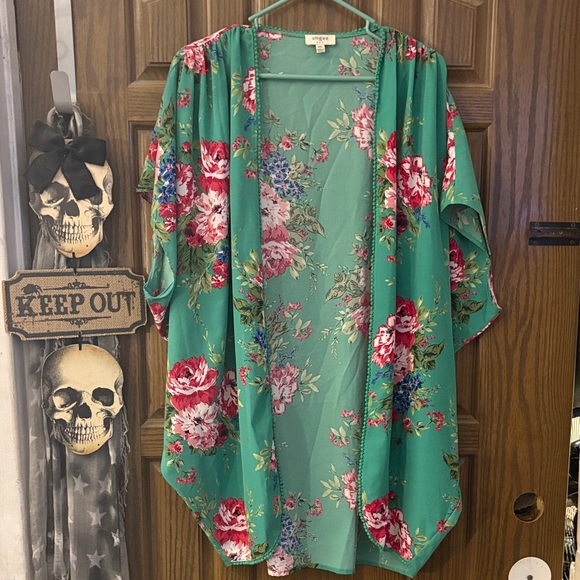 Umgee Sweaters - Umgee Teal Green Floral Kimono Cardigan with Pink Accents